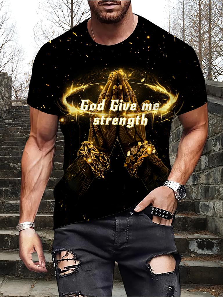 Praying Hands And Golden Bracelets Pattern 3D Digital Print Crew Neck And Short Sleeve T-shirt Stylish And Trendy Summer Tops