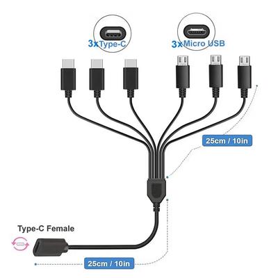 Женский Type C на 6-в-1 Кабель для множественной зарядки, Разветвитель Micro USB 5V 3-в-1 Удлинитель Type C Для телефона, планшета и других устройств