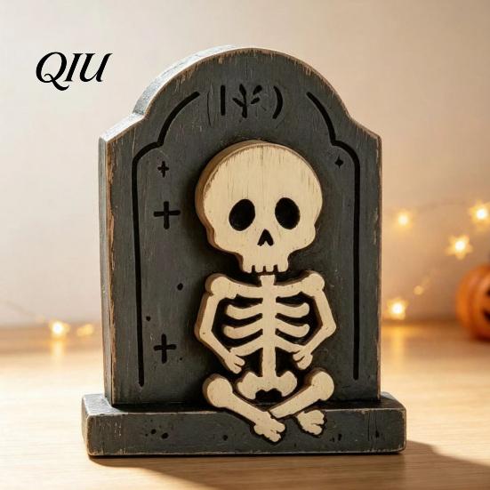 Handcrafted Aged Wood Table Decor Halloween Wooden Tabletop Decor, Rustic Ghost Black Cat Pumpkin Owl Centerpieces, Retro Distressed Ornaments Vintage