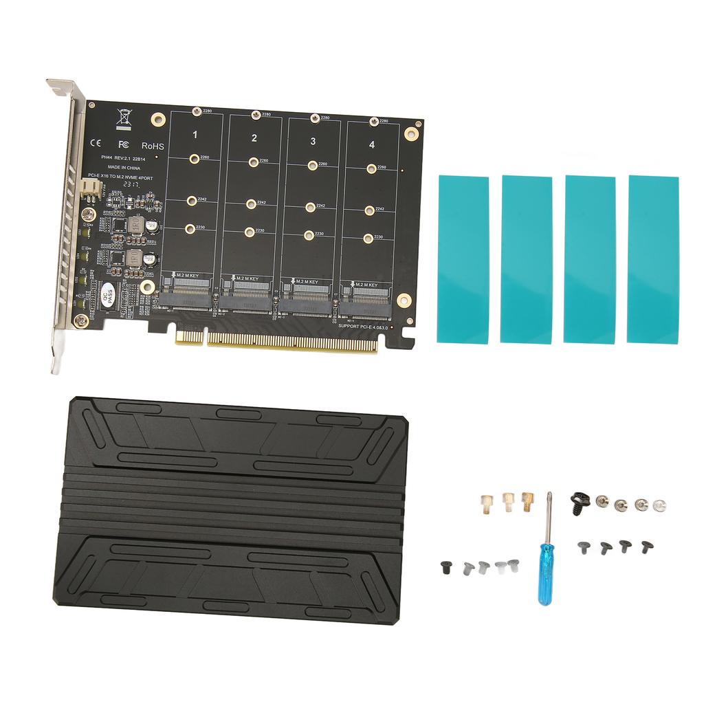 Четырехпортовый адаптер M.2 NVME к PCIe 32 Гбит/с Утолщенный стабильный алюминиевый сплав Четырехпортовая карта PCIe 4.0 к NVMe для расширения компьютера
