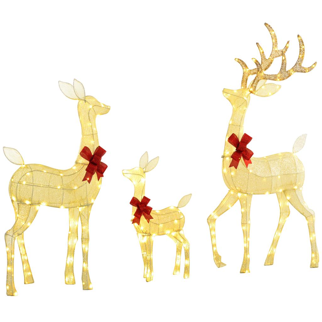 Reindeer Family with Red Bows, 283 LEDs, Christmas Lights, Weatherproof, Silver