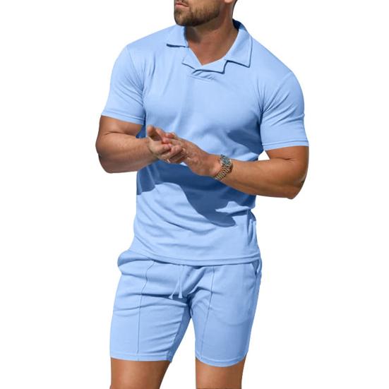 2 шт./комплект мужской наряд пуловер с коротким рукавом отворот топы эластичный шнурок талия карманы шорты комплект однотонная спортивная одежда