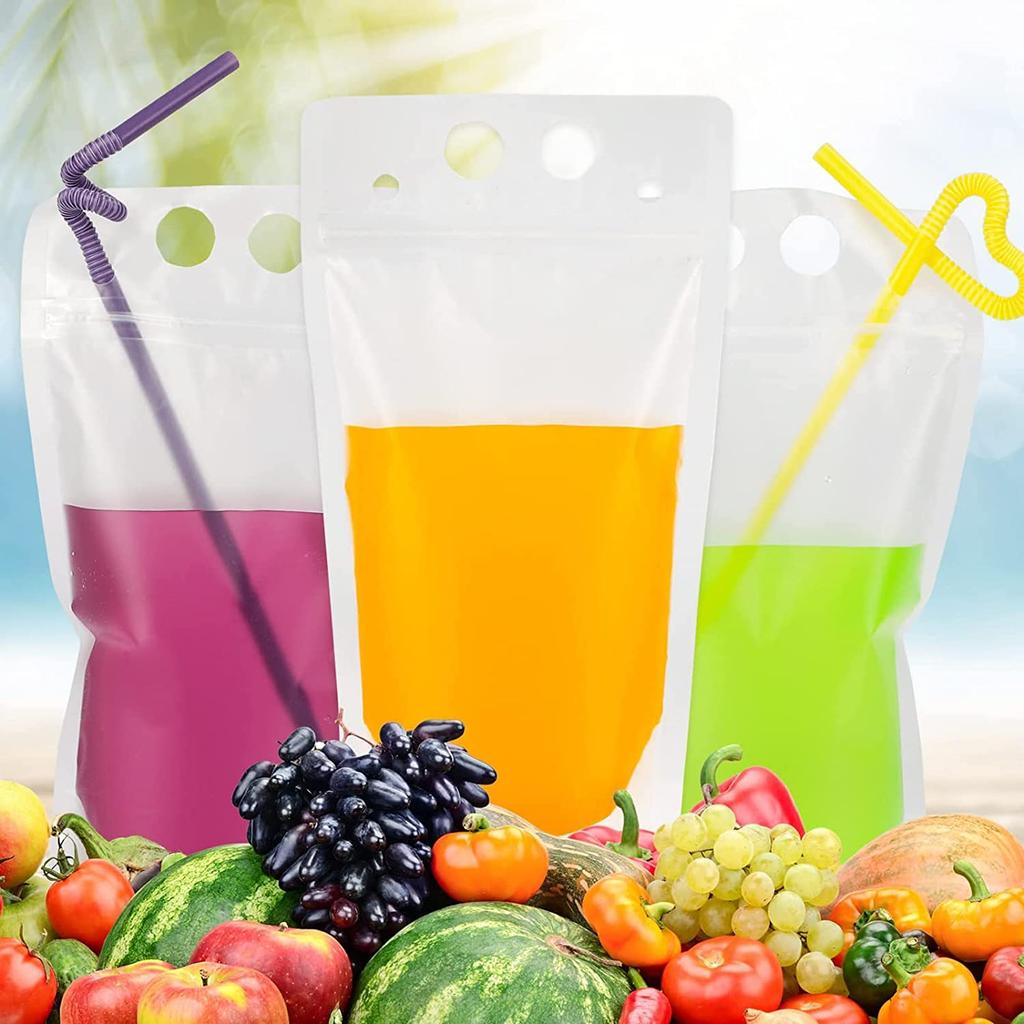 50 Pcs Drink Pouches Juice Bags Reusable Drink Cocktail Smoothies Pouches For Party Summer Fun Bags For Drink With 50 Straws