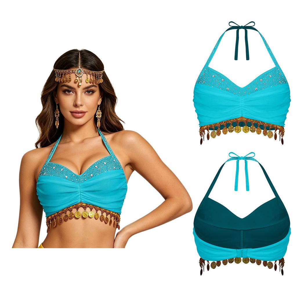 Women Carnival Party Belly Dance Top Sequin Tassel Rhinestone Bra Lace Up Back Mesh Vest for Halloween Cosplay Performance