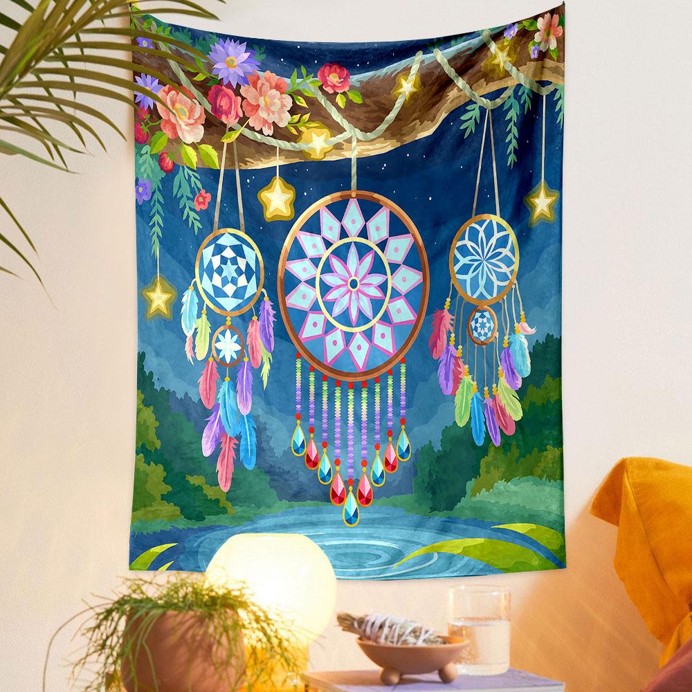 Dreamcatchers in Mystical Night Scene Patterned Tapestry Decorative Wall Hanging, Home Bedroom Living Room Decor