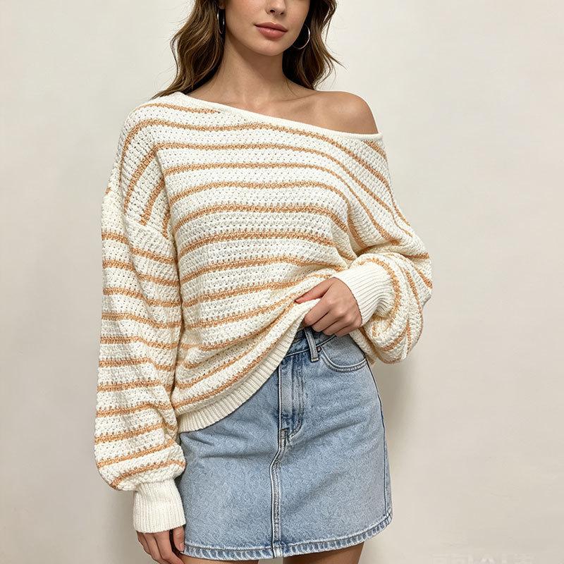 European And American New Women'S Sweater Loose Striped Round Neck Pullover Long Sleeve One-Neck Knitted Sweater Women