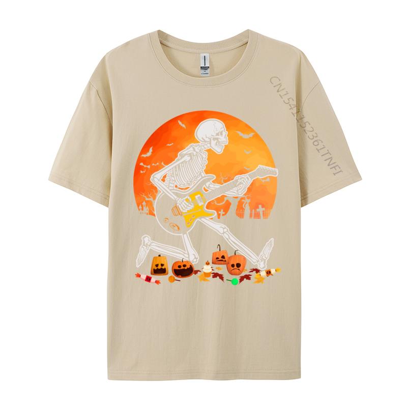 Скелет Играет на Бас-гитаре Футболка на Хэллоуин Обычная Осень Ретро Смешная Чистый Хлопок Camisa Мужские Футболки Смешная Одежда