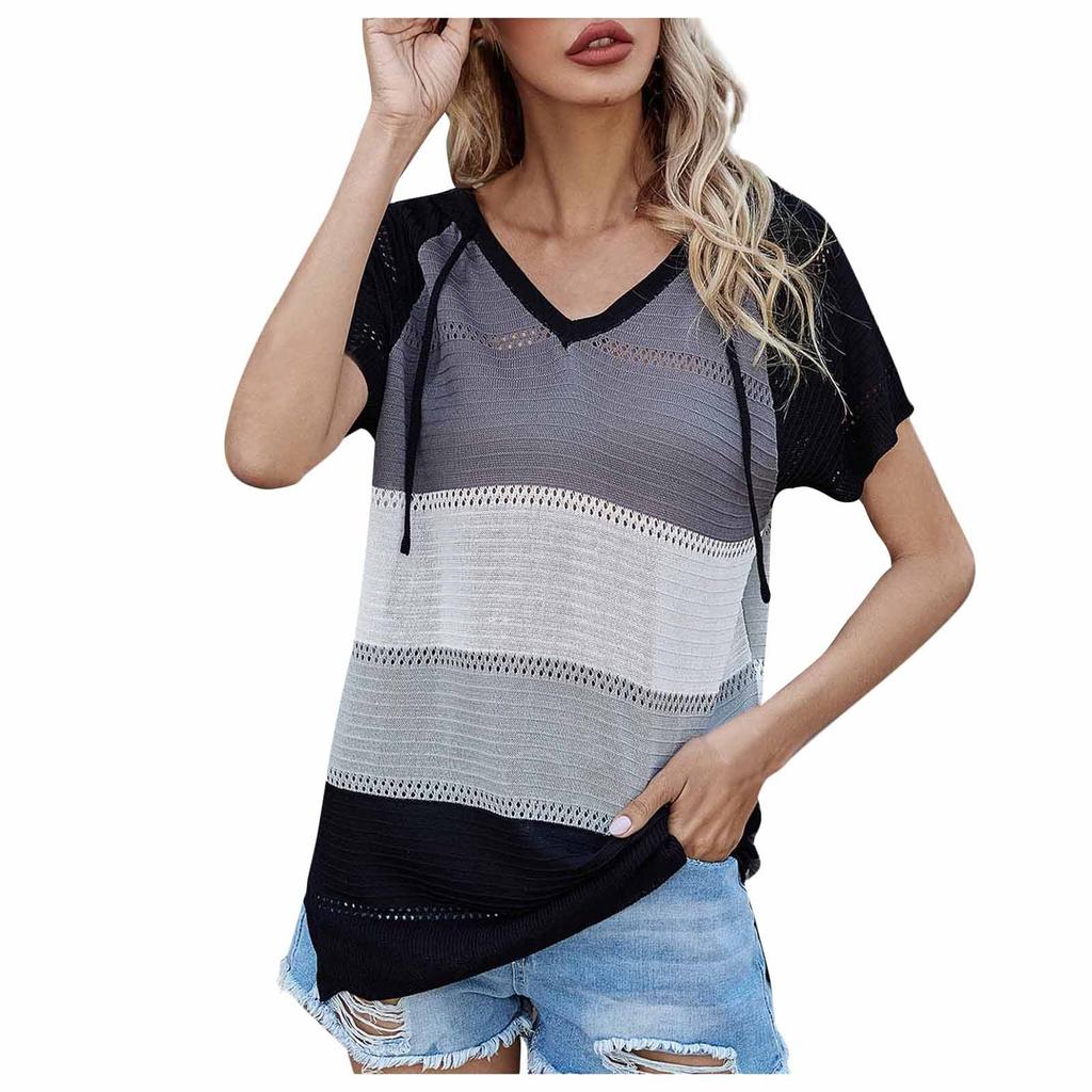 Женский повседневный модный и удобный пуловер с капюшоном и короткими рукавами, топ, разноцветный полосатый вязаный свитер