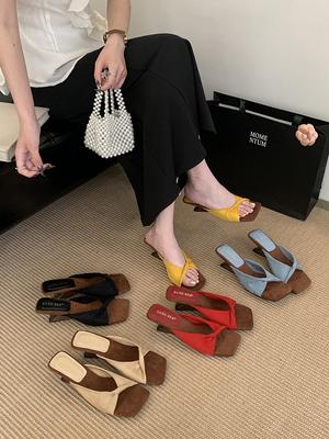 Замшевые женские мюли с квадратным носком для отдыха, сандалии во французском стиле, новые летние тапочки, мягкая матовая обувь с открытым носком, Zapatos De Mujer