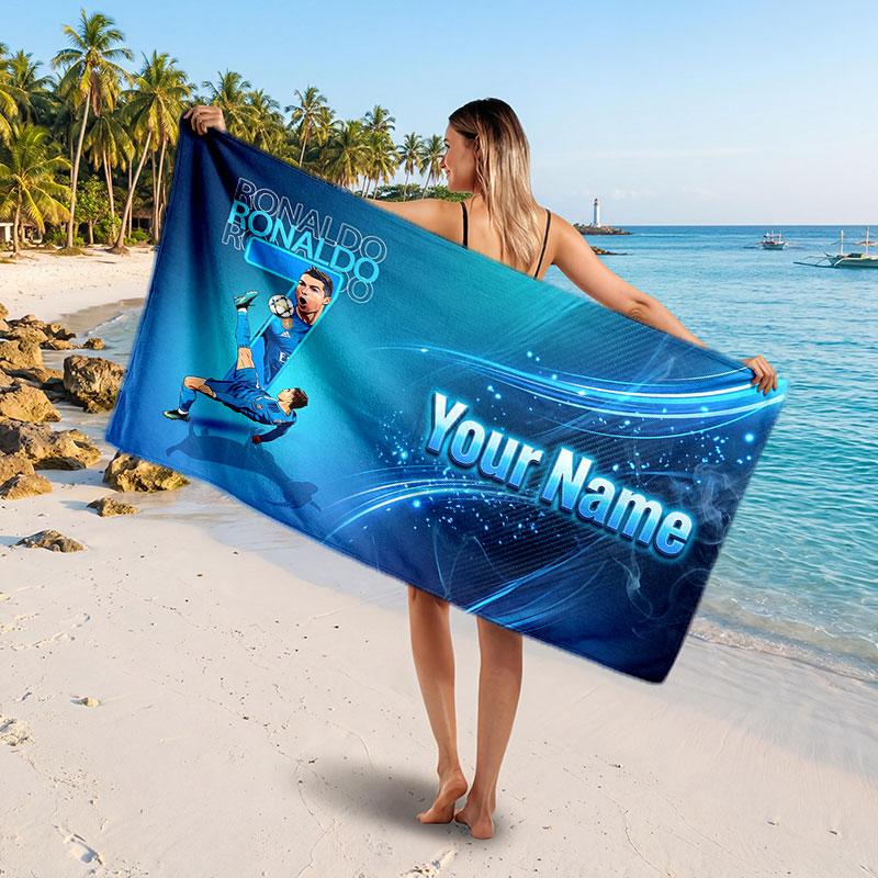 Cristiano Ronaldo Custom Beach Towel, Personalized Name Text Print, Football Logo Soft Quick‑Dry Towel Holiday Gift