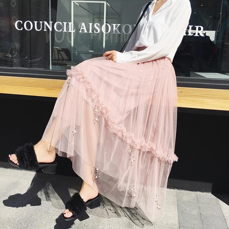 Qooth Женская 3-слойная тюлевая юбка-сетка с цветочным бисером, элегантная длинная юбка-пачка трапециевидной формы с эластичной резинкой на талии на весну и лето QT2146