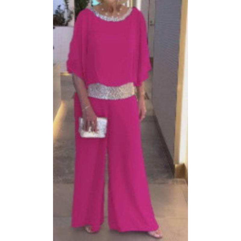 YYFS Women's Fashion Casual Spring Autumn Solid Color Print 1/2 Sleeves O Neck Trousers Pants Suits