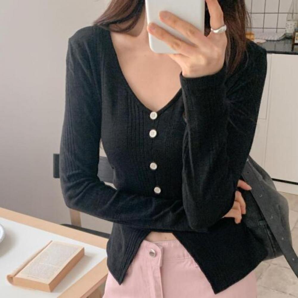 New ArriVals Open Run V Neck KniT Crop Top WhiTe Slim FiT BuTTon DeTail Ribbed T
