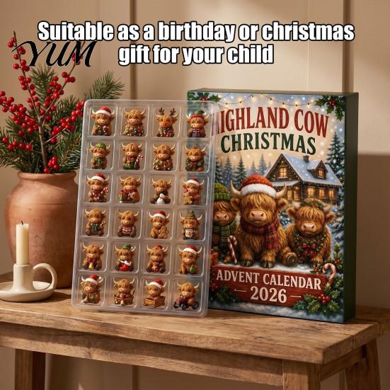 Acrylic Surprise Gift Boxes 2026 Highland Cow Christmas Advent Calendar, 24-Day Countdown Ornament Set with Interactive Family Activity Mini Figures,