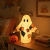 Vintage Halloween Figurine Lighted Patchwork Ghost, LED Light Ghost with Pumpkin Lantern Decor, Cottage Style Ornament Ghosts Lamp, Rustic Fall