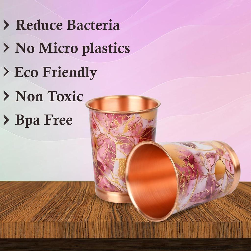 Copper Printed Design 250ML Water Glass with Rust Proof for Home and Office Use Ayurveda and Yoga Health Benefits Glass Set of 6 (Pink Gold)