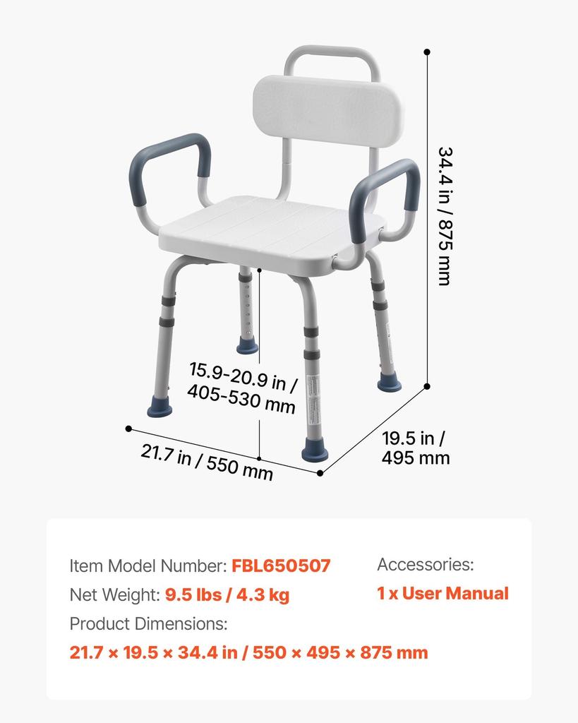 Swivel Shower Chair with Arms and Back, 180 kg Load Heavy Duty Bench Seat for Inside Shower Stall and Bathtub, Height Adjustable Bathroom Bath Tub