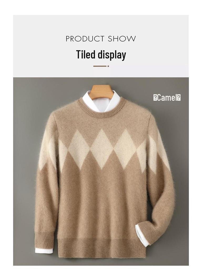 Men's Color Block Wool Sweater: Round Neck, Thick, Simple Design, 100% Pure Cashmere, Perfect for Autumn/Winter.
