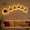 Decorative Wooden Holiday Sign Lighted Santa Sleigh Reindeer Christmas Wall Decor with Remote, 3D Light Up Wood Peel Festive Living Room Art And Stick