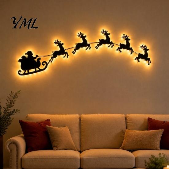 Decorative Wooden Holiday Sign Lighted Santa Sleigh Reindeer Christmas Wall Decor with Remote, 3D Light Up Wood Peel Festive Living Room Art And Stick