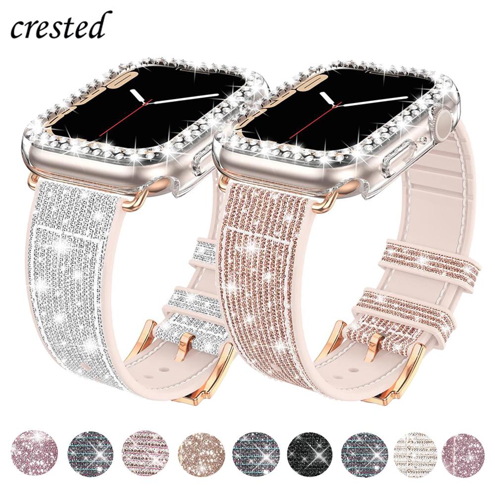 Case+silicone Leather Strap For Apple Watch Band 41mm 45mm 40mm 44mm 38mm 42mm 44 Bling Bracelet iWatch Serie 3 4 5 6 Se 7 Strap