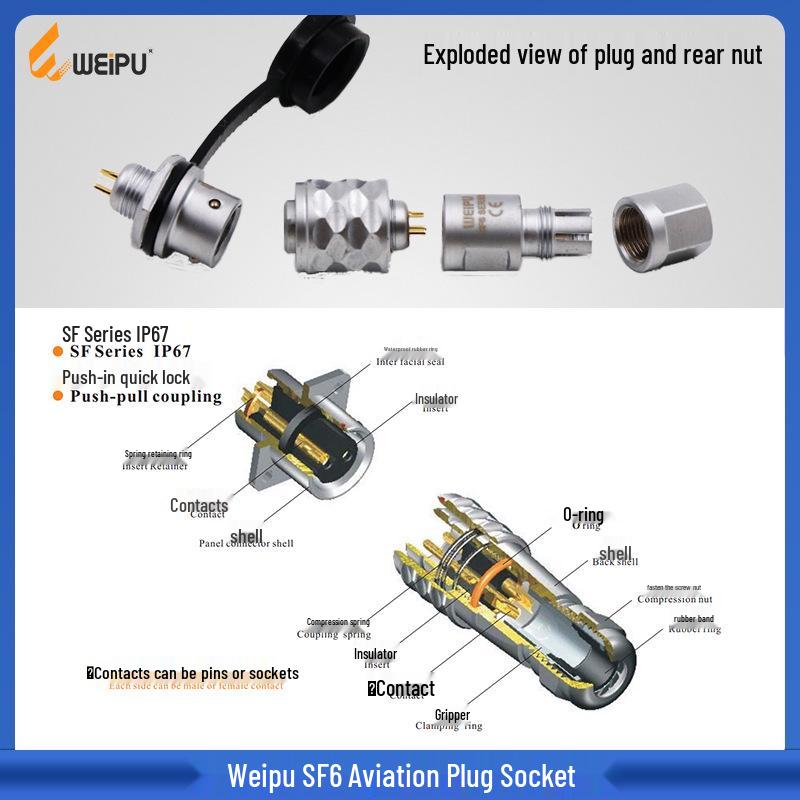 Weipu SF6 Aviation Plug with Front/Rear Nuts, IP67 Waterproof Weldable Connector.