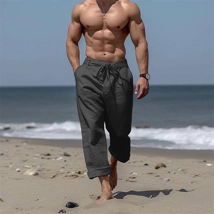 Men's Drawstring Beach Trousers with Front Pockets Straight-Leg Solid Colour Comfortable Breathable Casual Everyday Holiday Trousers