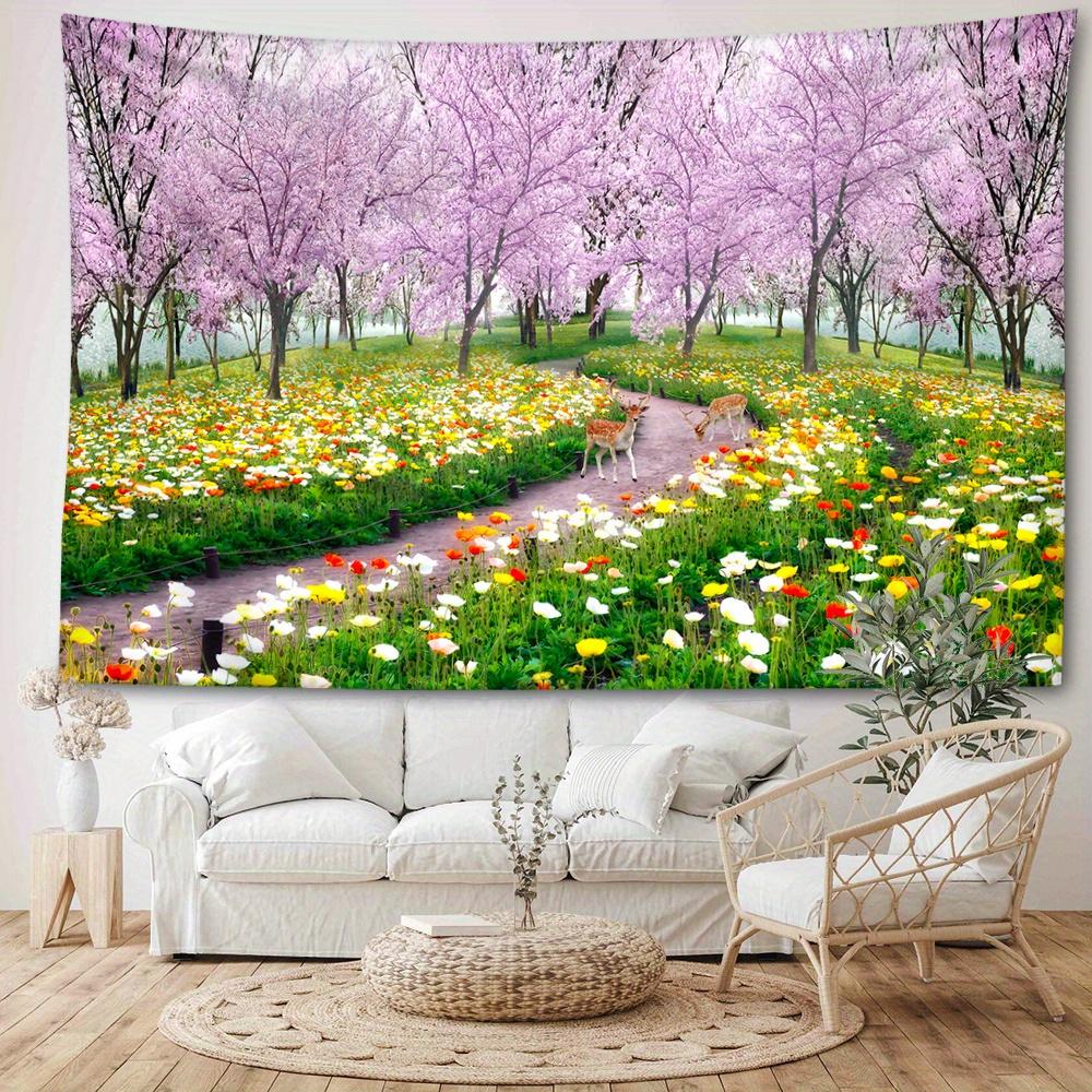1pc Green Grassland Cherry Blossom Tree Tapestry Wall Hanging, Room Decor, Bedroom Decor, Living Room Background, Natural Style Backdrop Cloth, Tapest