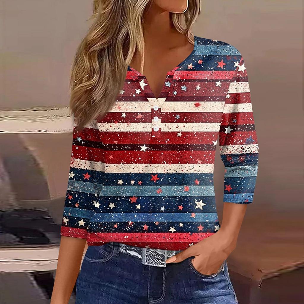 Women's T Shirt Tee Independence Day Printed Button  3/4 Sleeve Tunic Daily Weekend Fashion Basic V- Neck Regular Top