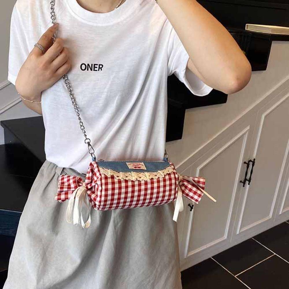 Metal Chain Candy Shape Bag Cherry Denim Lace Shoulder Bag Sweet Red Plaid Crossbody Bag  Travel