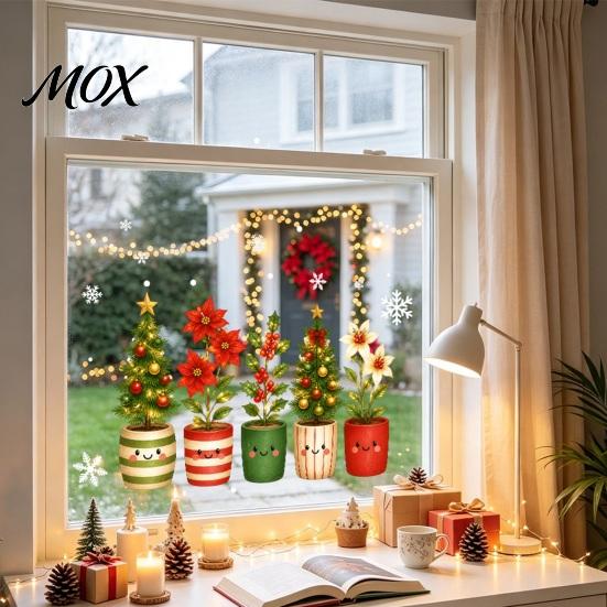 Waterproof Balcony Window Film 2PCS Christmas Static Clings, Cute Potted Tree Creative Festive Gift Ideas Glass Stickers, PVC Decals for Home Holiday