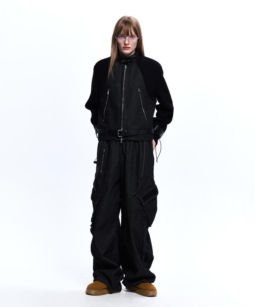 Rssc Knit & Denim Belted Biker Jacket - Black