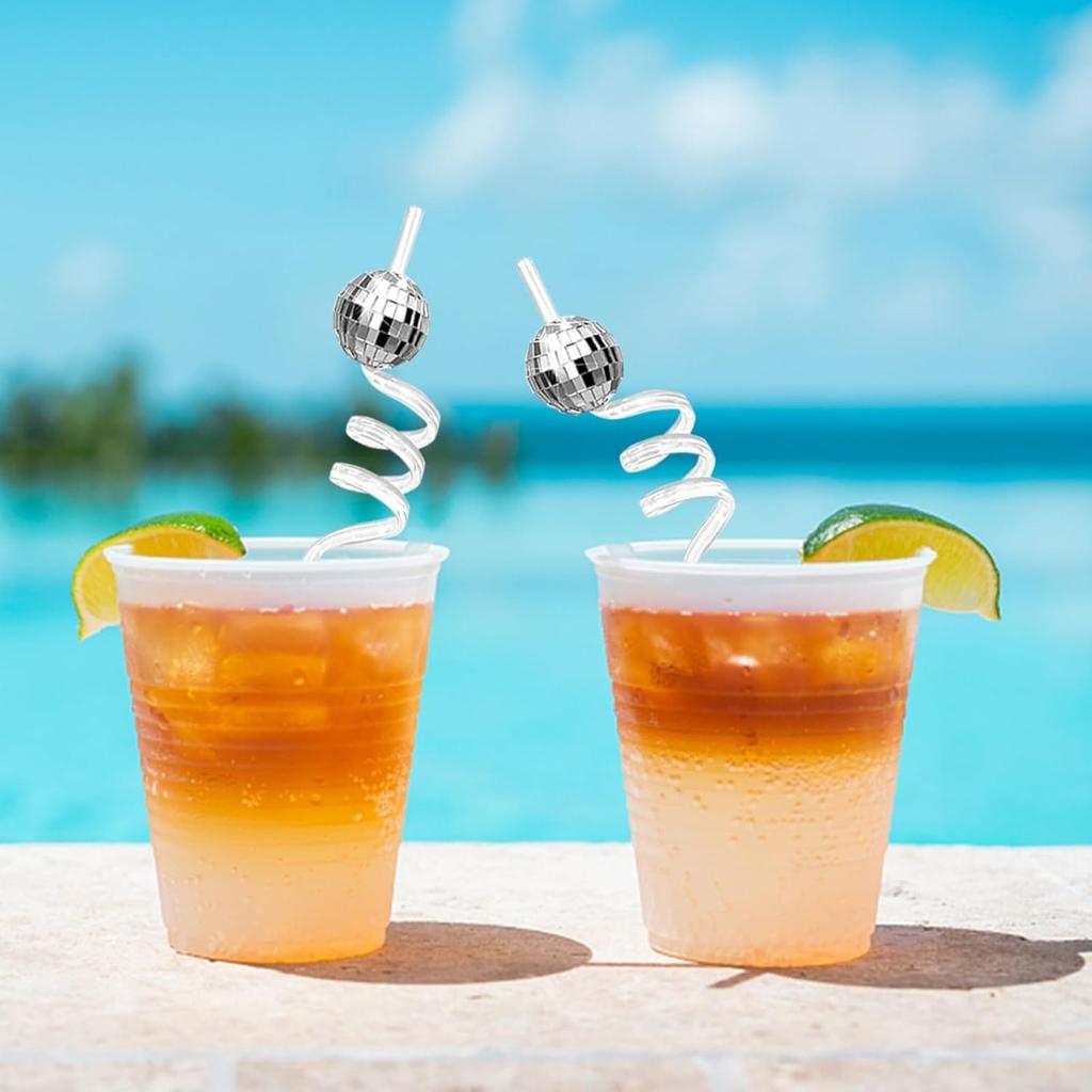 12 PCS Disco Ball Straws Disco Party Decorations Glitter Mirror Disco Ball Straws Plastic Straws 1970s Retro Disco Party Birthday Party Wedding Decor