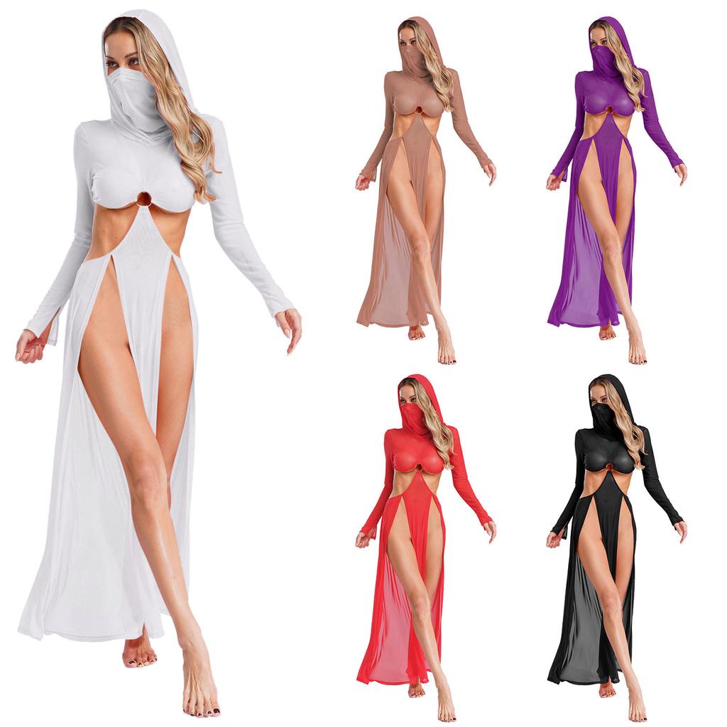 Fashion Women Sheer Dress Maxi Hollow Out Mesh Coverup with Long Sleeves Hooded Mask and High Slit, Sexy Party Club Wear