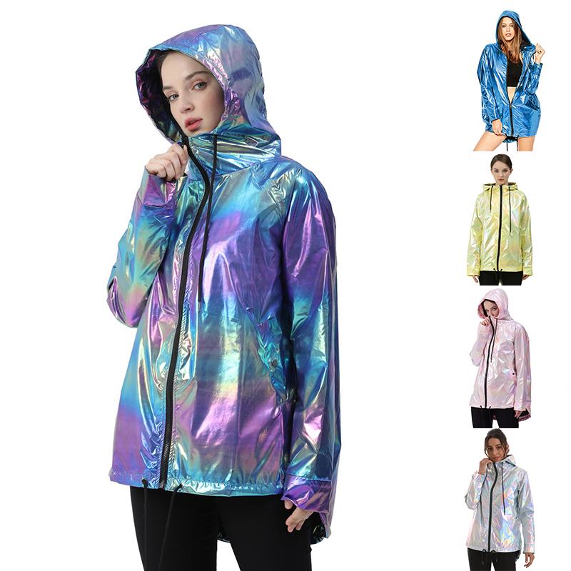 Unisex Shiny Jacket Laser Hooded Coat Iridescent Holographic Harajuku Sun Protect Top Plus Size