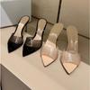 Модные Летние Женские Босоножки на Высоком Каблуке Нового Стиля Прозрачные Шлепанцы на Высоком Каблуке Шпильке с Заостренным Носком Слипоны Босоножки на Высоком Каблуке