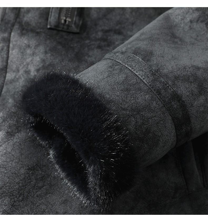 JK2035 Мужская куртка большого размера из кожи и меха с лацканами - Утепленная бархатная для осени/зимы