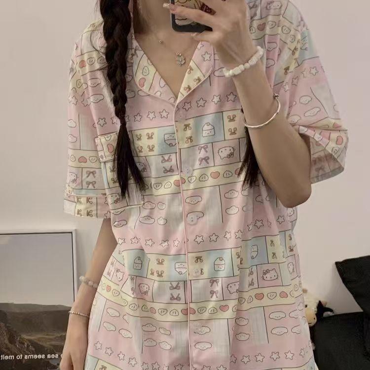 Cute plaid little fragrant girl pajamas summer cardigan short-sleeved shorts set Internet celebrity loungewear