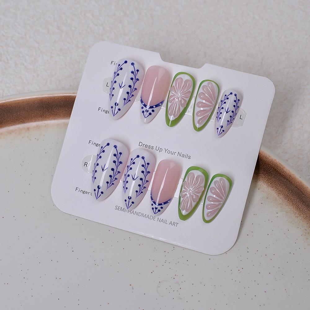 24-Piece Summer Lime Almond French 3D Handmade Wearable Faux Nails Set