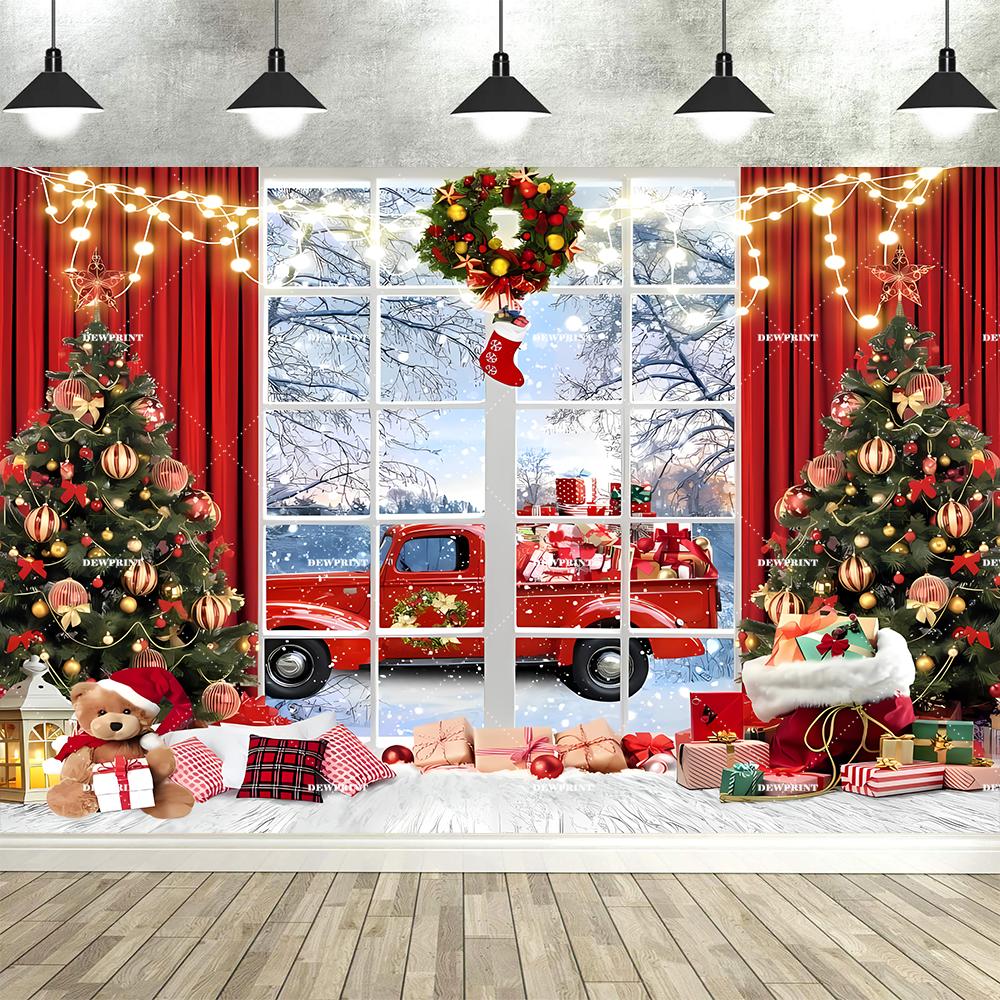 Dewprint Christmas Background with Christmas Trees and Gifts Fireplace Christmas Snowy Night Party Decorations Photography Props421
