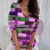 Color Blocked Plaid V-neck Top for Women, Fashionable Contrasting Loose Casual T-shirts