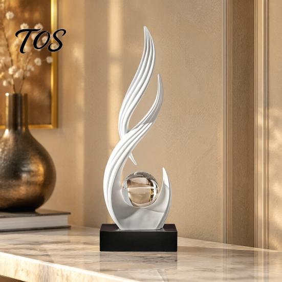 Golden Abstract Statue for Office Desk Decorative Sculpture with Clear Crystal Ball, Modern Flowing Curve Tabletop Decor Luxury Interior Decoration