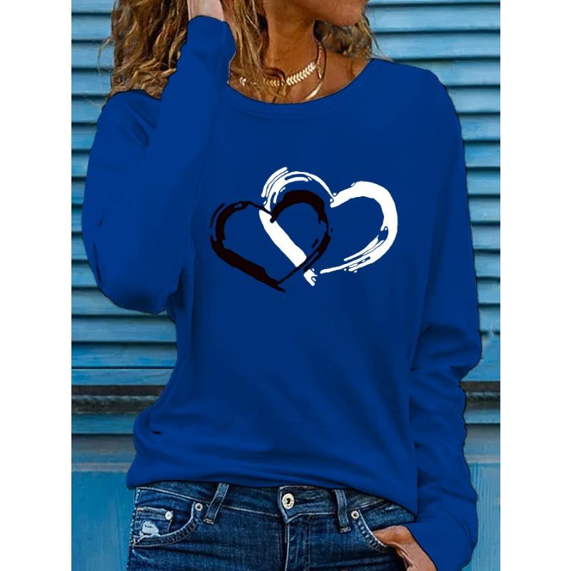 Two heart-shaped printed round neck women's long sleeved T-shirts