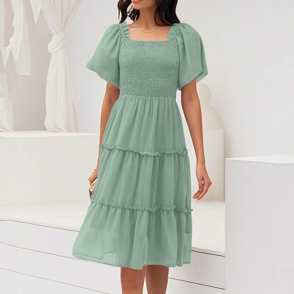 Женские модные однотонные шифоновые бабочки с коротким рукавом и квадратным вырезом, плиссированные платья
