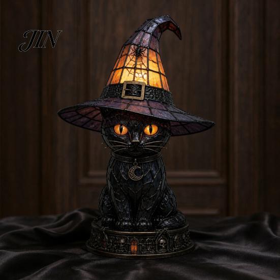 Mantelpiece Night Light Halloween Witch Cat Light, Resin Table Lamp with Warm Cozy Fall Glow, Gothic Home Decor for Bedroom Shelf, Spooky Gift