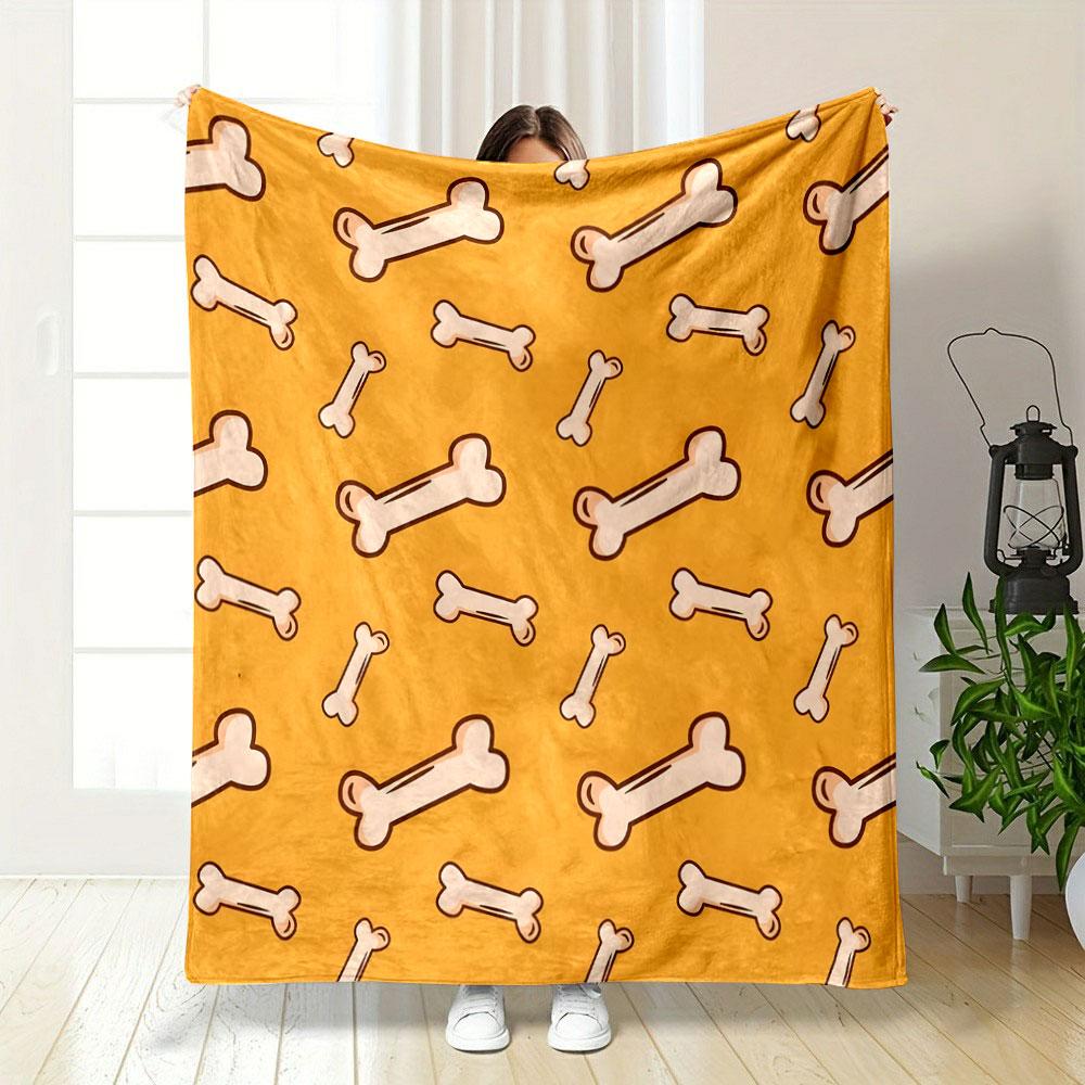 Cute Bone Pattern on Orange Background Patterned blanket, flannel, suitable for all seasons, home decor, warm and cozy