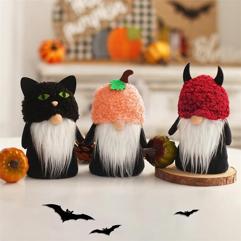 Черная кошка, гномы, плюшевые украшения на Хэллоуин, 3 шт., милые куклы, подарок для детей, шапки с тыквой дьявола, шведский безликий эльф, гном, коллекционная вещь