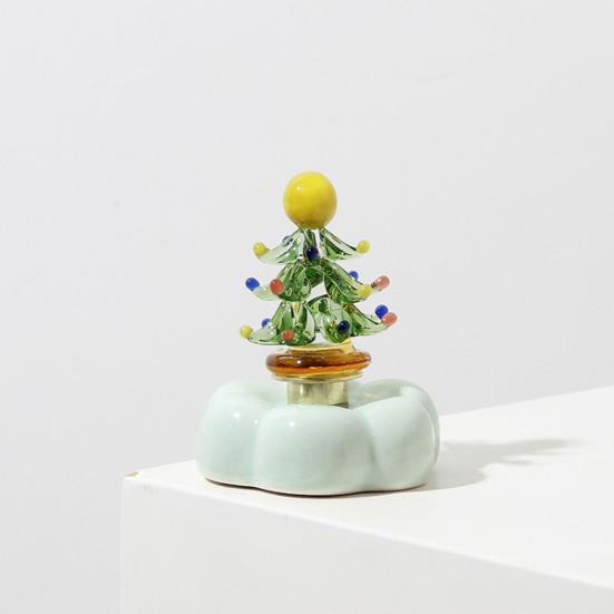 Hand Glazed Craft for Anniversary Glass Christmas Tree Figurine with Rotating Ceramic Base, Handmade Art Holiday Ornament Car Dashboard Desk Decor And