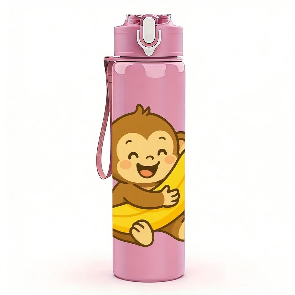 1PC Cute Brown Monkey Cartoon Print 750ml Color Plastic Sports Water Bottle Leakproof Flip Straw Lid Suitable for Sports Office Home Use
