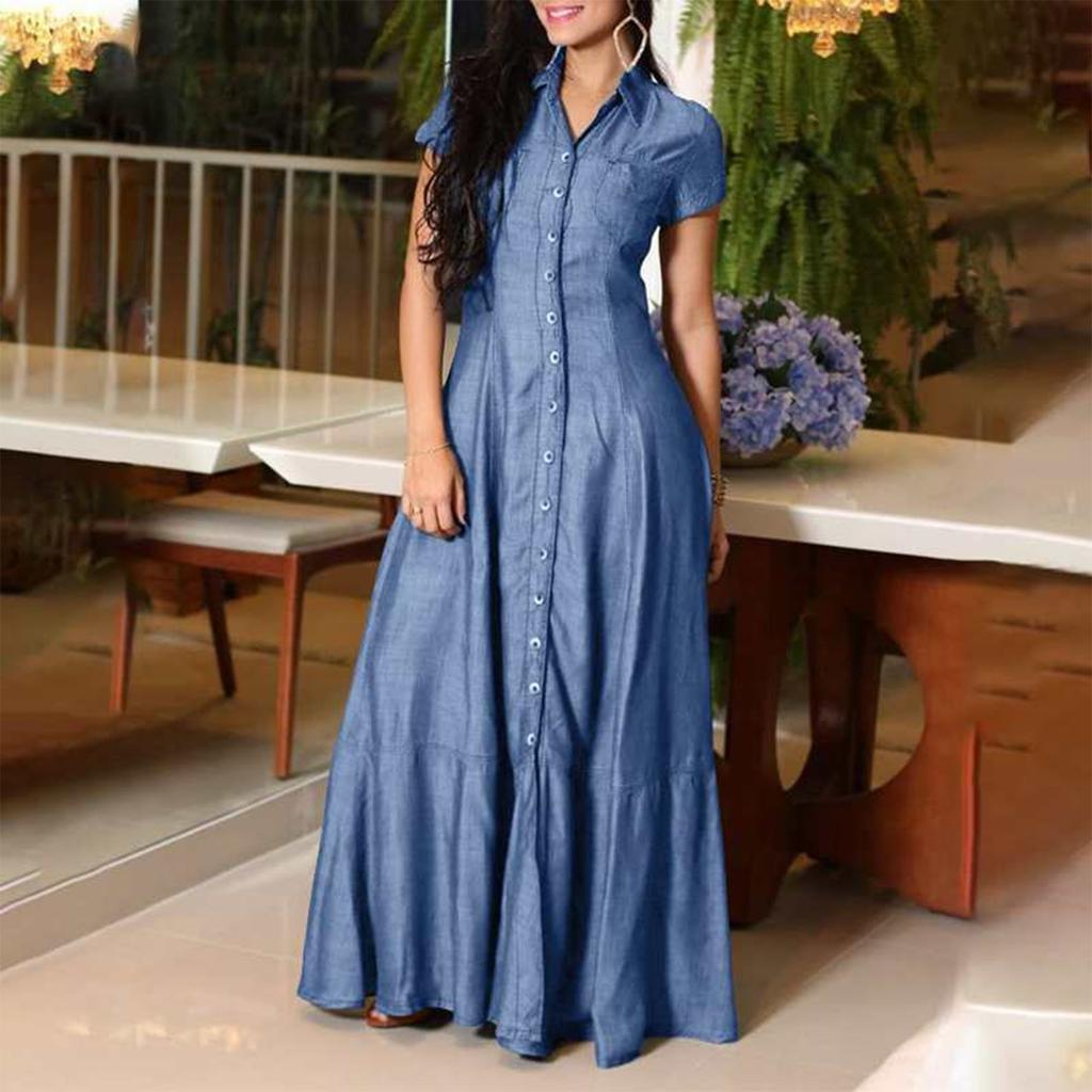 Women's Loose Long Dress Shirt Collar Pocket Large Swing Skirt Casual Denim Dress